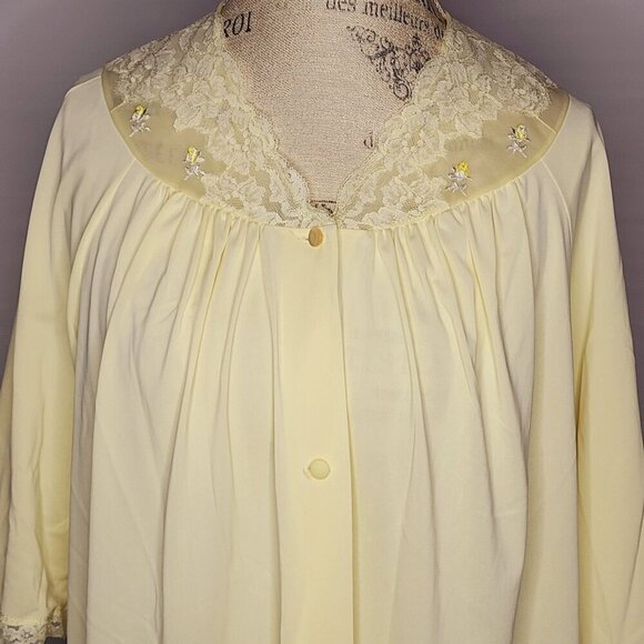 Vintage ShadowLine Robe Women M Yellow Short Sleeve Button Down Lace Trim Pocket - Picture 2 of 11